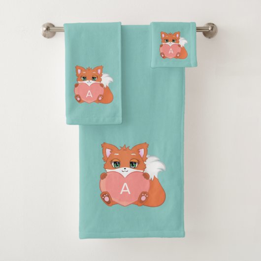 Cute Fox & Monogram op Light Blue Bad Handdoek (Insitu)