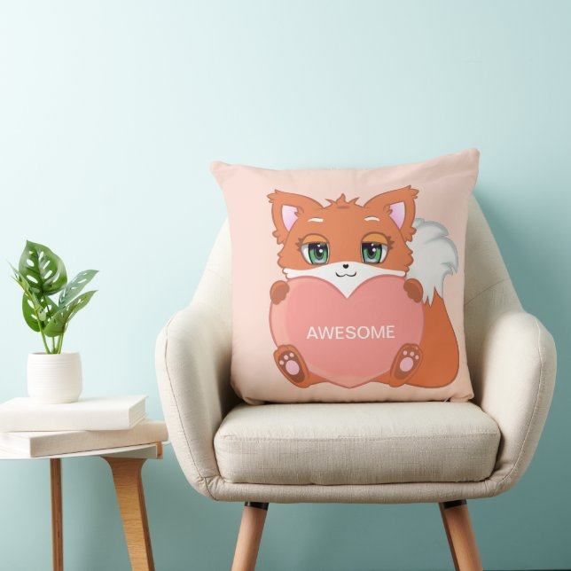Cute Fox op Light Coral Pink Sierkussen (Stoel)