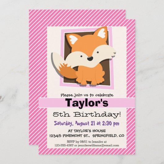 Cute Fox op roze & witte strepen Kaart (Voorkant / Achterkant)