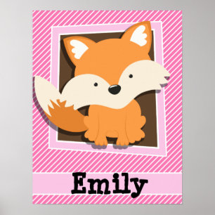 Cute Fox op roze & witte strepen Poster