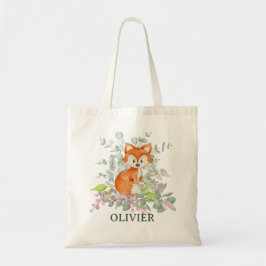 Cute Fox over Greenery Custom Name Tote Bag