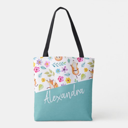 Cute Fox Pattern Blauwgroen Aangepast Tote Bag (Achterkant)