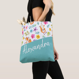 Cute Fox Pattern Blauwgroen Aangepast Tote Bag