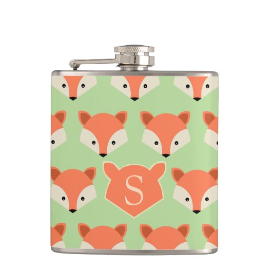 Cute Fox Pattern op Green Monogram Heupfles (Voorkant)