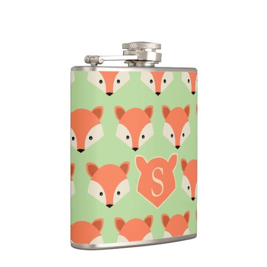 Cute Fox Pattern op Green Monogram Heupfles (Rechts)