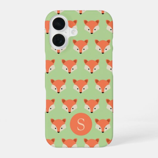 Cute Fox Pattern op Green Monogram iPhone 16 Hoesje (Achterkant)