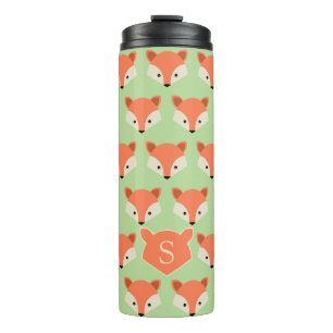 Cute Fox Pattern op Green Monogram Thermosbeker