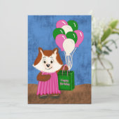 Cute Fox Pink Dress Balloons Happy Birthday Gift (Staand voorkant)