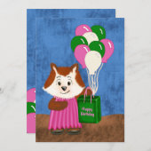 Cute Fox Pink Dress Balloons Happy Birthday Gift (Voorkant / Achterkant)