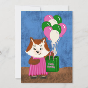 Cute Fox Pink Dress Balloons Happy Birthday Gift