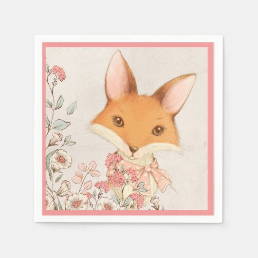 Cute Fox Pink Floral Girly Servet (Voorkant)