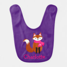 Cute Fox Pink Scarf Paars Personalized Baby Bib