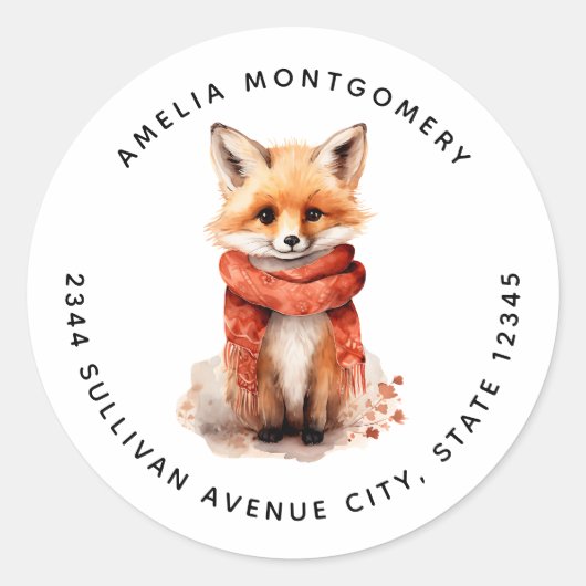 Cute Fox Pup in a Red Scarf - Address Ronde Sticker (Voorkant)