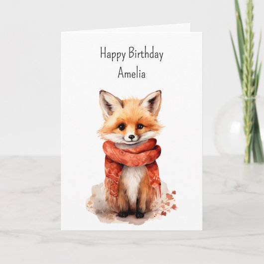 Cute Fox Pup in a Red Scarf Birthday Kaart (Voorkant)