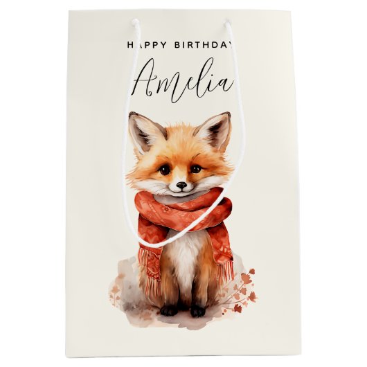 Cute Fox Pup in a Red Scarf Birthday Medium Cadeauzakje (Voorkant)