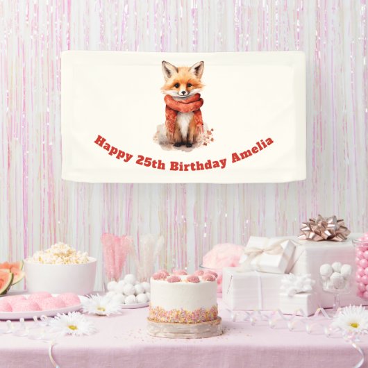 Cute Fox Pup in a Red Scarf Birthday Spandoek (Feest)