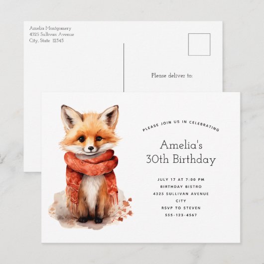 Cute Fox Pup in a Red Scarf Birthday Uitnodiging Briefkaart (Voorkant / Achterkant)