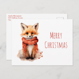 Cute Fox Pup in a Red Scarf Christmas Feestdagenkaart
