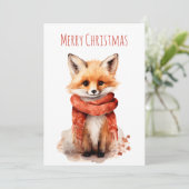 Cute Fox Pup in a Red Scarf Christmas Feestdagenkaart (Staand voorkant)