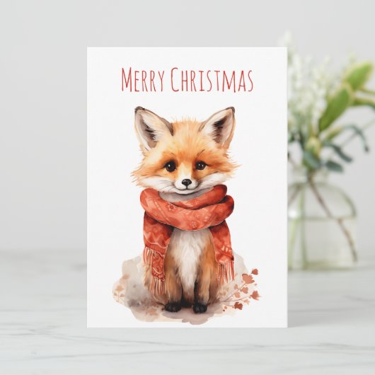 Cute Fox Pup in a Red Scarf Christmas Feestdagenkaart (Staand voorkant)