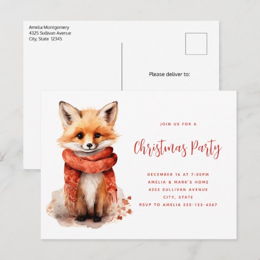 Cute Fox Pup in a Red Scarf Christmas Party Uitnodiging Briefkaart (Voorkant / Achterkant)
