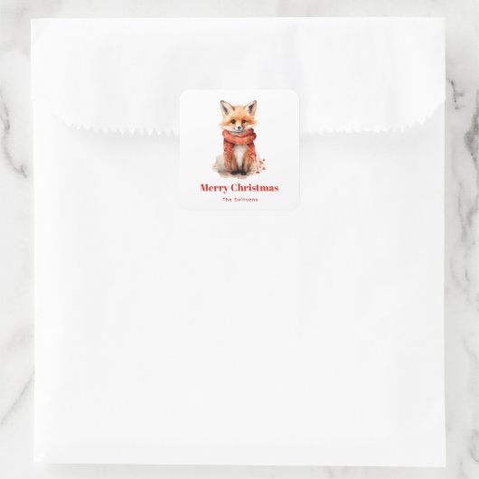 Cute Fox Pup in a Red Scarf Christmas Vierkante Sticker (Tas)