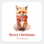 Cute Fox Pup in a Red Scarf Christmas Vierkante Sticker (Voorkant)