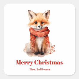 Cute Fox Pup in a Red Scarf Christmas Vierkante Sticker