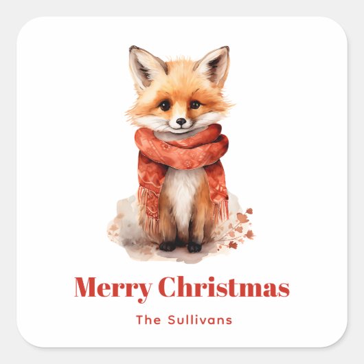 Cute Fox Pup in a Red Scarf Christmas Vierkante Sticker (Voorkant)
