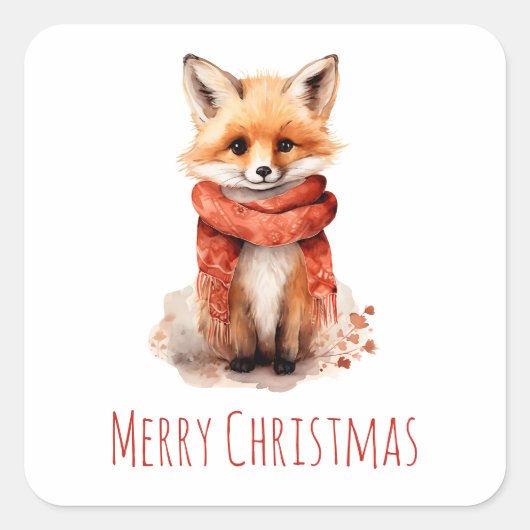 Cute Fox Pup in a Red Scarf Christmas Vierkante Sticker (Voorkant)