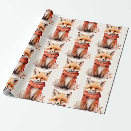Cute Fox Pup in a Red Scarf Pattern Cadeaupapier (Uitgerold)