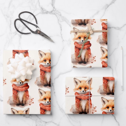 Cute Fox Pup in a Red Scarf Pattern Inpakpapier Vel (Voorkant)