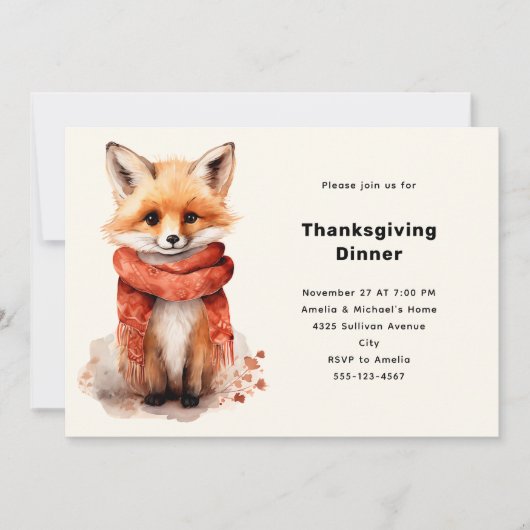 Cute Fox Pup in a Red Scarf Thanksgiving Dinner Kaart (Voorkant)