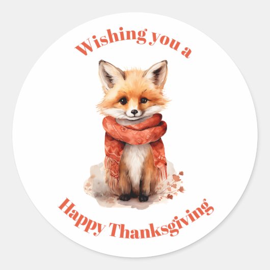 Cute Fox Pup in a Red Scarf Thanksgiving Ronde Sticker (Voorkant)