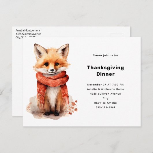 Cute Fox Pup in a Red Scarf Thanksgiving Uitnodiging Briefkaart (Voorkant / Achterkant)