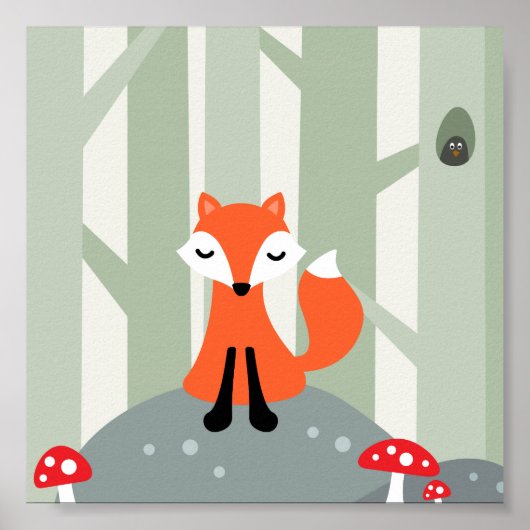 Cute fox sitting on a rock in the forest poster (Voorkant)