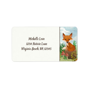 Cute Fox Sitting on Stump Woodland Address Etiket