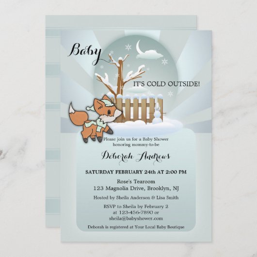 Cute Fox Snow Winter Baby shower Invitation Kaart (Voorkant / Achterkant)