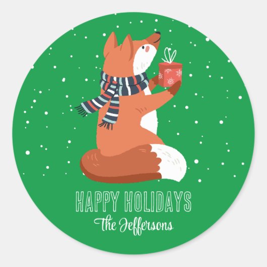 Cute Fox Snowy Winter Holiday Animal Ronde Sticker (Voorkant)
