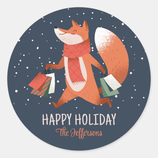 Cute Fox Snowy Winter Holiday Kerstmis Ronde Sticker (Voorkant)
