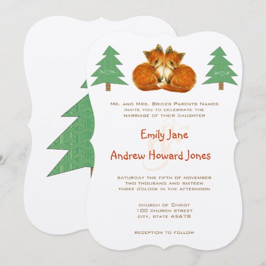 Cute Fox Wedding Invitation Kaart (Voorkant / Achterkant)