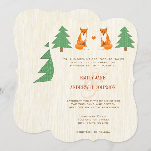 Cute Fox Wedding Invitation Kaart (Voorkant / Achterkant)