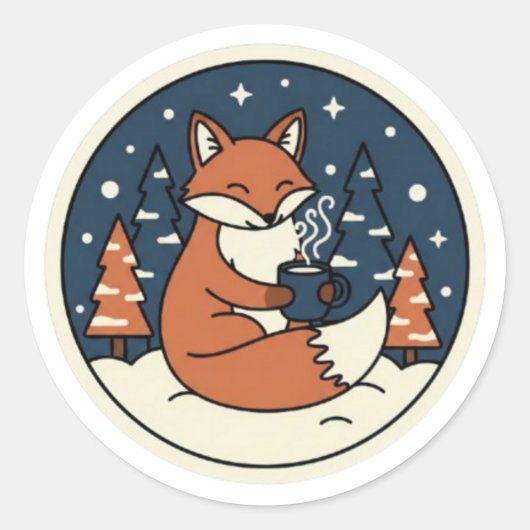 Cute Fox with Cocoa & Starry Winter Sky Ronde Sticker (Voorkant)
