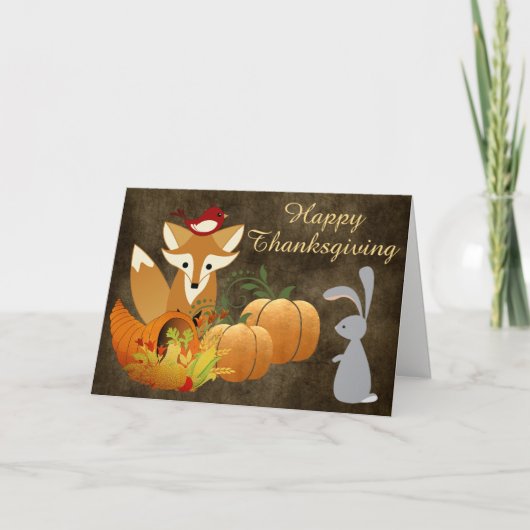 Cute Fox Woodland Animals Golden Thanksgiving Feestdagen Kaart (Voorkant)