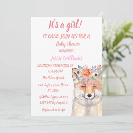 Cute Fox Woodland Animals Pink Rustic Baby Girl Kaart (Staand voorkant)