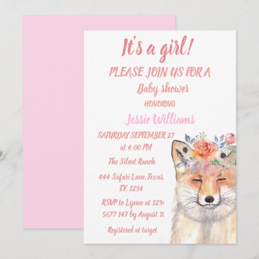 Cute Fox Woodland Animals Pink Rustic Baby Girl Kaart (Voorkant / Achterkant)