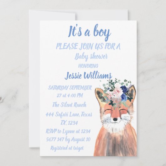 Cute Fox Woodland Animals Rustige Baby boy douche Kaart (Voorkant)