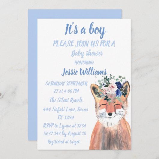 Cute Fox Woodland Animals Rustige Baby boy douche  Kaart (Voorkant / Achterkant)