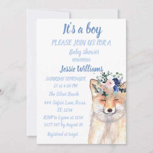 Cute Fox Woodland Animals Rustige Baby boy douche Kaart (Voorkant)