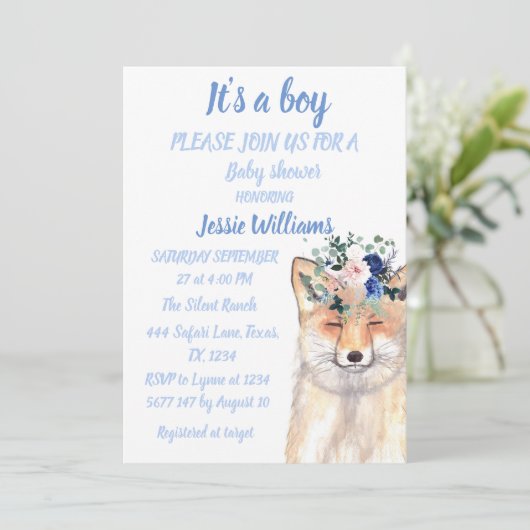 Cute Fox Woodland Animals Rustige Baby boy douche Kaart (Staand voorkant)